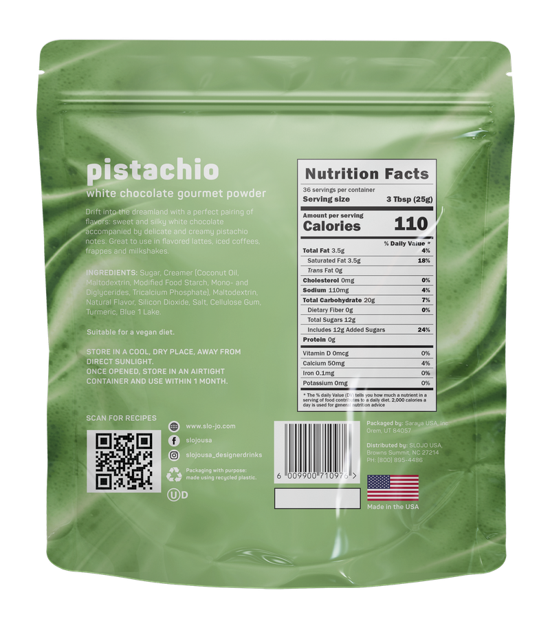 SloJo Pistachio White Chocolate Powder, 2 lb retail bag (7 count)