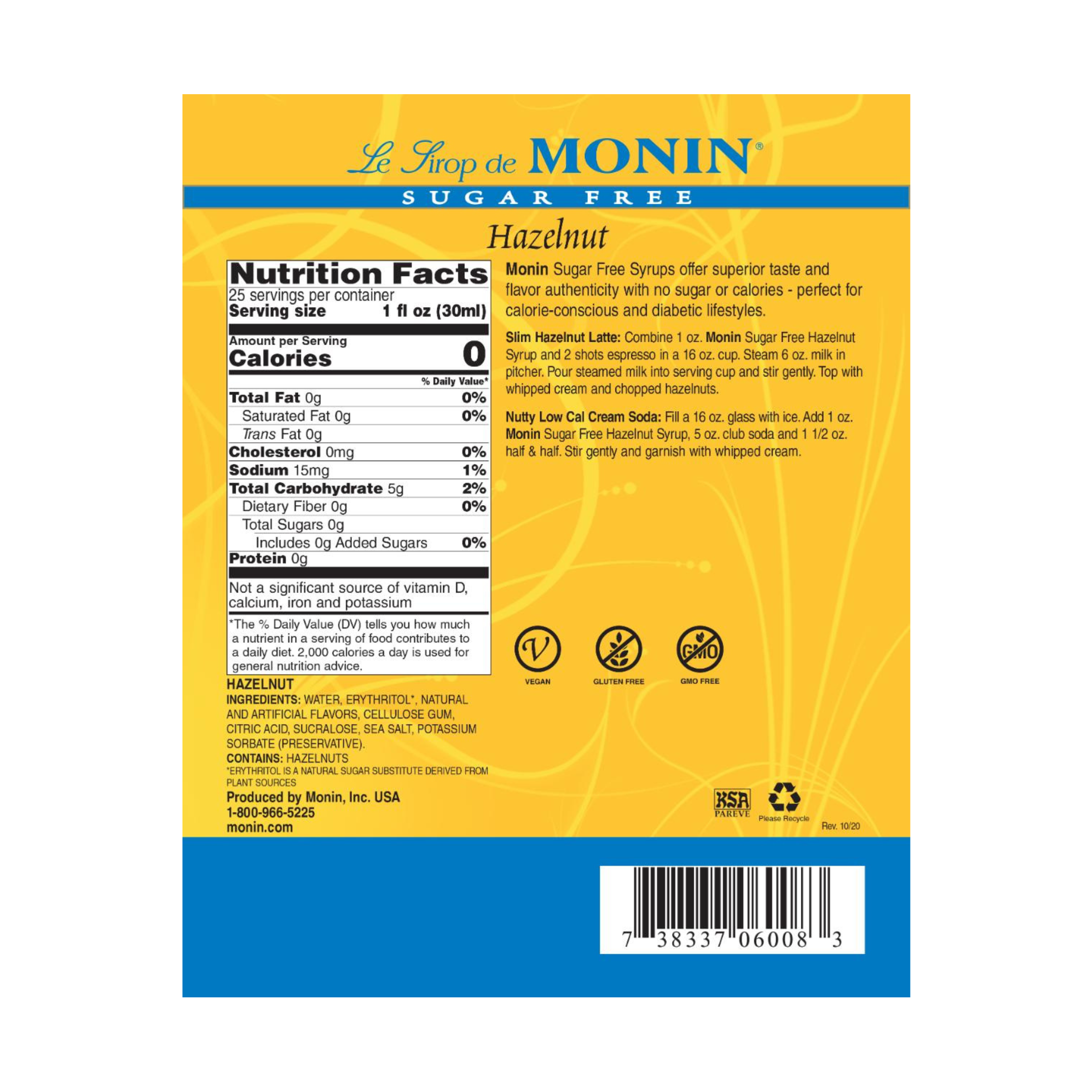 Monin Sugar Free Hazelnut Syrup